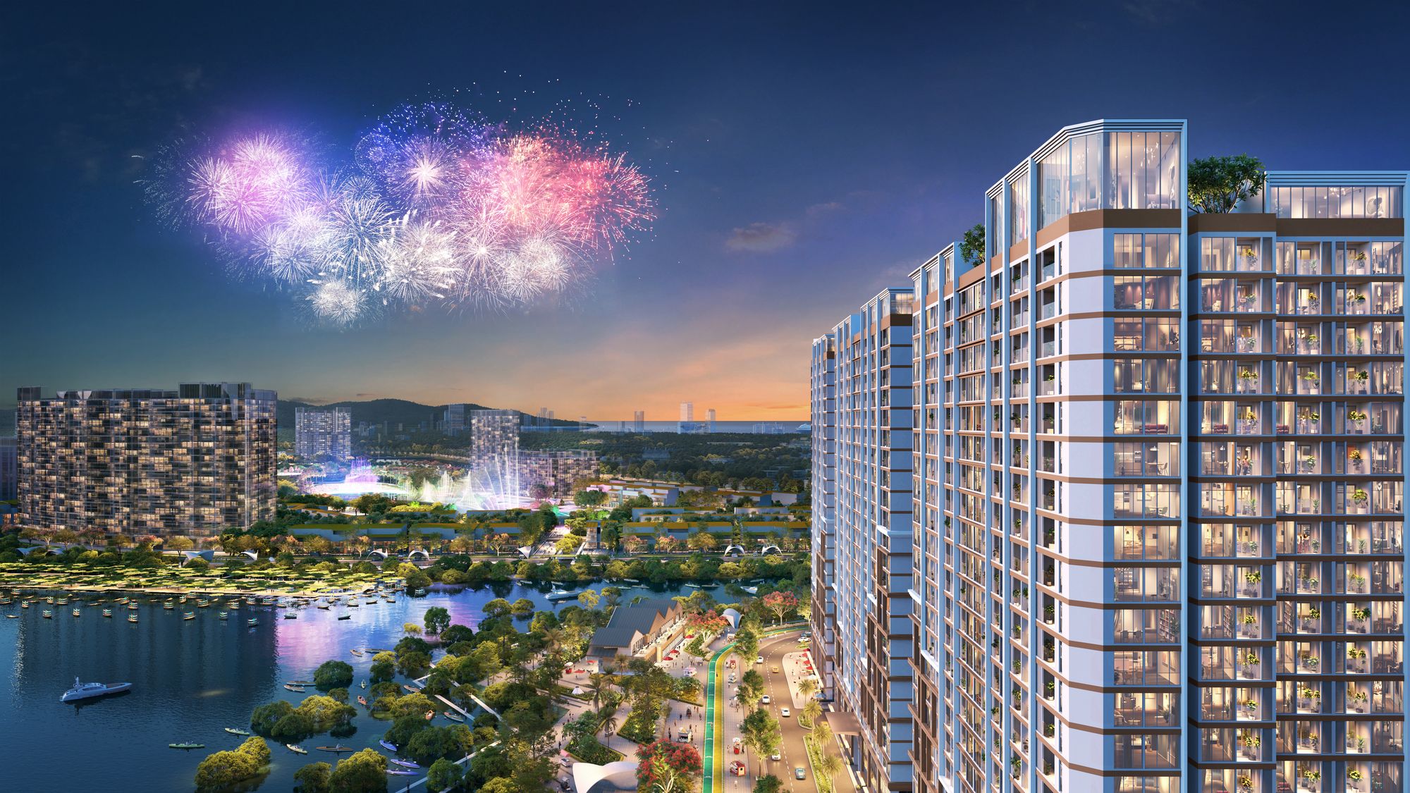 Phối cảnh Charmora City về đêm — 3 tòa The Onsen nhìn sang Đảo 2